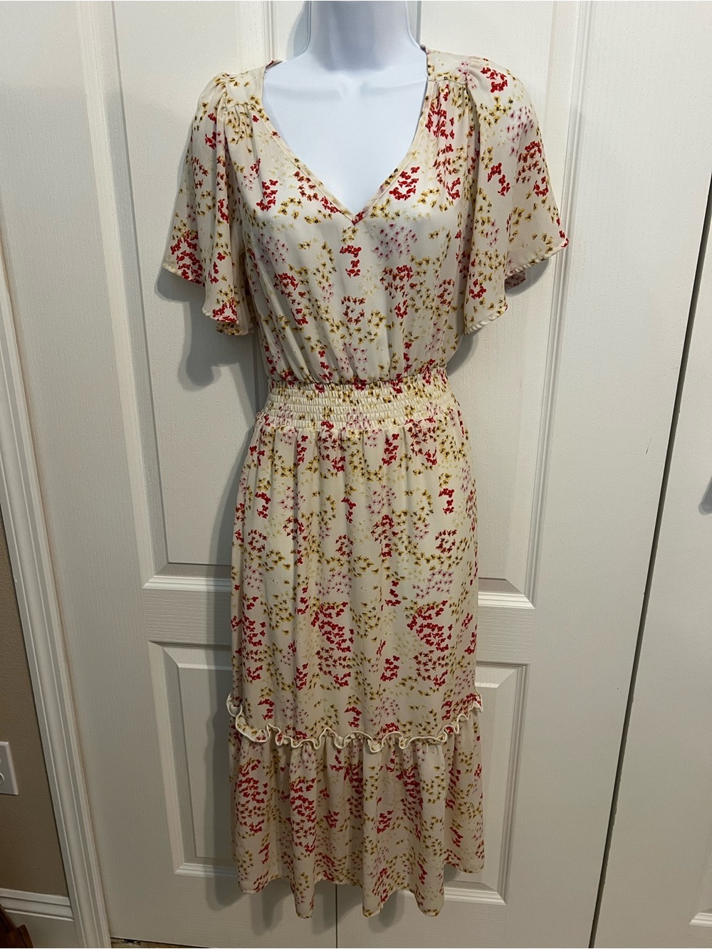 Sienna Sky Cream Midi Dress with Red & Yellow Floral Print